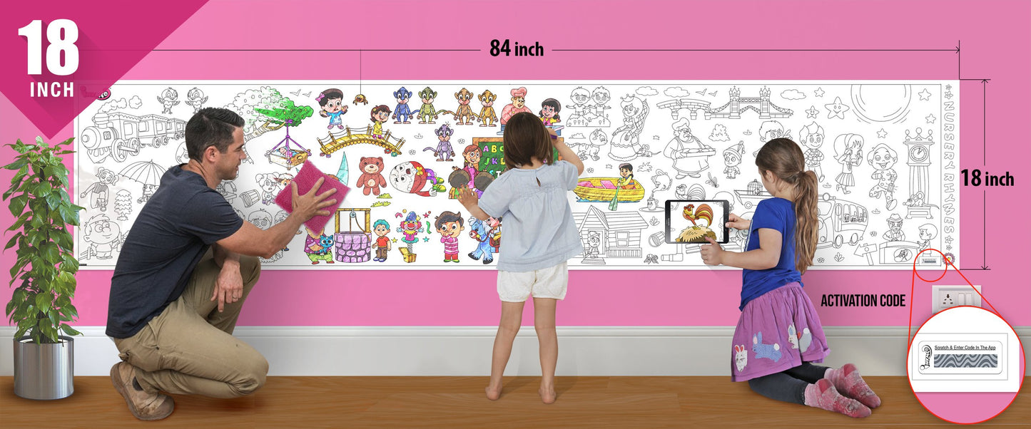 The image depicts a father and his two daughters enjoying a bonding moment while colouring nursery rhymes roll attached to the wall.