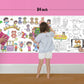 The image shows in pink backdrop a father with his two daughter colouring and bonding with each other in the sheet sticked to the wall.