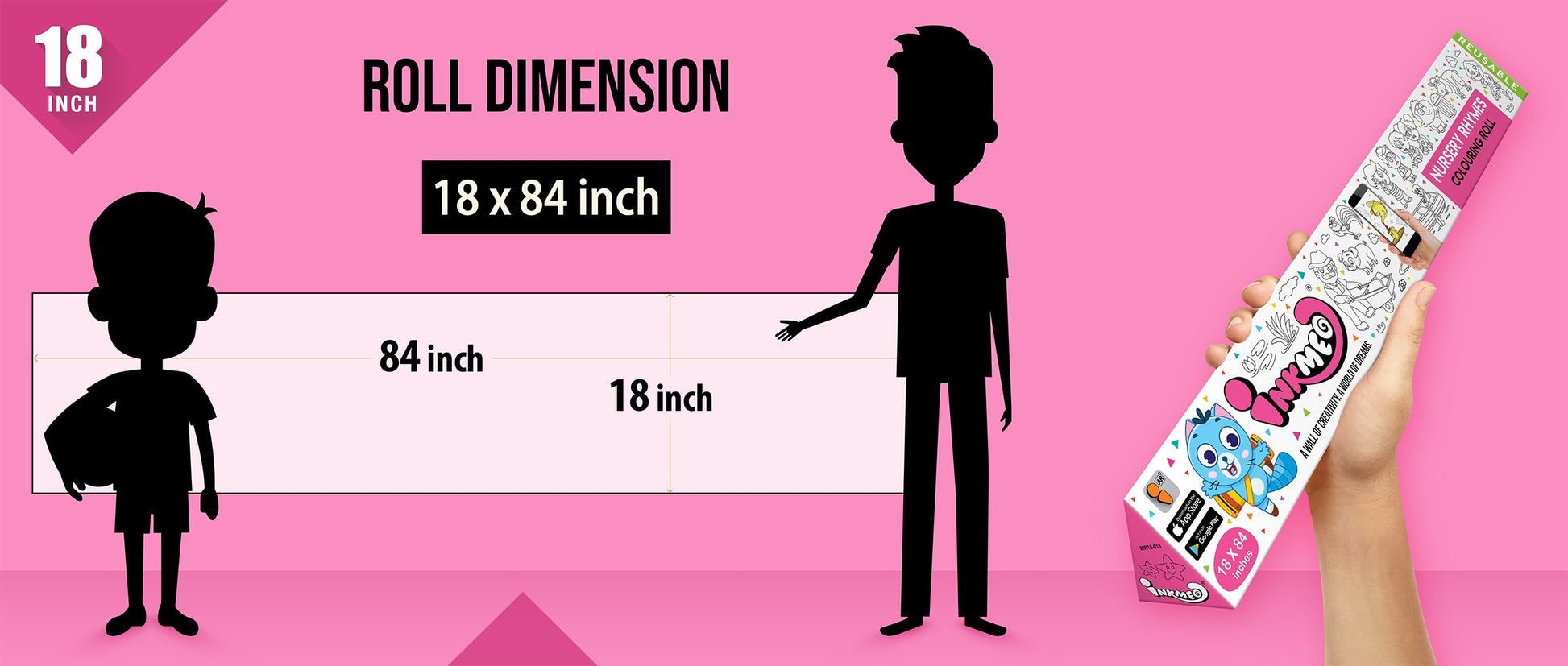 The image shows a pink background with a ruler indicating child and adult height on an 18*84 inch paper roll dimension.