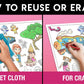The image has a pink background with four pictures demonstrating how to reuse or erase: the first picture depicts sketching on the sheet, the second shows using a wet cloth to remove sketches, the third image displays crayons coloring on the sheet, and the fourth image illustrates erasing crayons with a regular eraser.