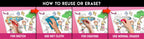 The image has a pink background with four pictures demonstrating how to reuse or erase: the first picture depicts sketching on the sheet, the second shows using a wet cloth to remove sketches, the third image displays crayons coloring on the sheet, and the fourth image illustrates erasing crayons with a regular eraser.