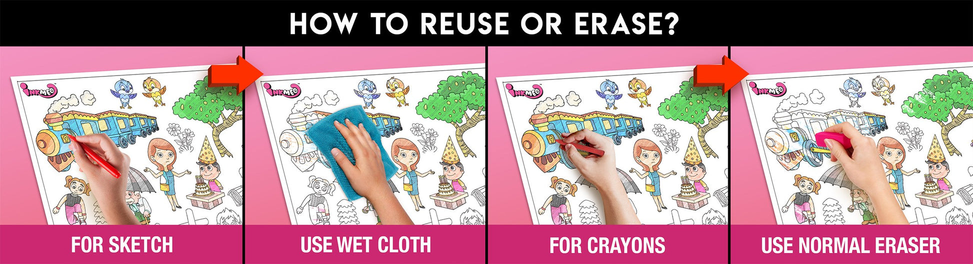 The image has a pink background with four pictures demonstrating how to reuse or erase: the first picture depicts sketching on the sheet, the second shows using a wet cloth to remove sketches, the third image displays crayons coloring on the sheet, and the fourth image illustrates erasing crayons with a regular eraser.