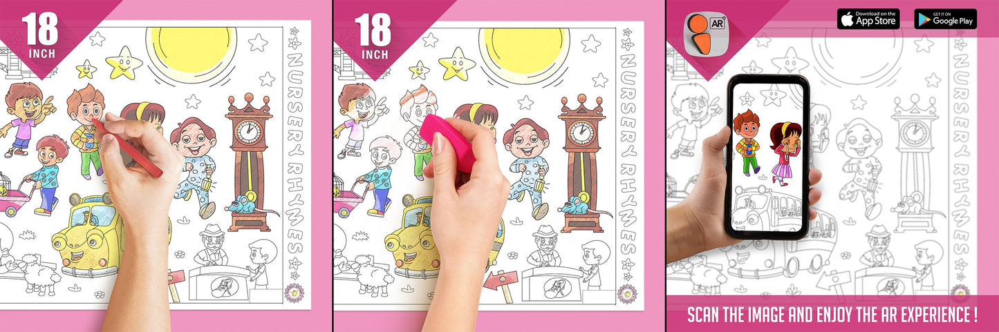 The image displays three pictures: the first one shows a hand colouring nursery rhymes roll, the second one depicts the color being erased from the board, and the third one features a hand holding a mobile phone in front of the nursery rhymes picture