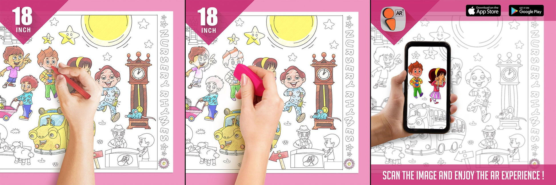 The image displays three pictures: the first one shows a hand colouring nursery rhymes roll, the second one depicts the color being erased from the board, and the third one features a hand holding a mobile phone in front of the nursery rhymes picture
