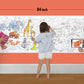  The image depicts a father and his two daughters enjoying a bonding moment while colouring baby animals roll attached to the wall.