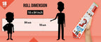 The image shows a red background with a ruler indicating child and adult height on an 18*84 inch paper roll dimension.