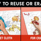 The image has a red background with four pictures demonstrating how to reuse or erase: the first picture depicts sketching on the sheet, the second shows using a wet cloth to remove sketches, the third image displays crayons coloring on the sheet, and the fourth image illustrates erasing crayons with a regular eraser.