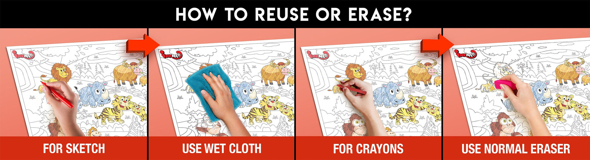The image has a red background with four pictures demonstrating how to reuse or erase: the first picture depicts sketching on the sheet, the second shows using a wet cloth to remove sketches, the third image displays crayons coloring on the sheet, and the fourth image illustrates erasing crayons with a regular eraser.
