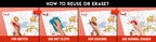 The image has a red background with four pictures demonstrating how to reuse or erase: the first picture depicts sketching on the sheet, the second shows using a wet cloth to remove sketches, the third image displays crayons coloring on the sheet, and the fourth image illustrates erasing crayons with a regular eraser.