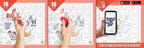 The image displays three pictures: the first one shows a hand colouring baby animals roll, the second one depicts the color being erased from the board, and the third one features a hand holding a mobile phone in front of the baby animals picture