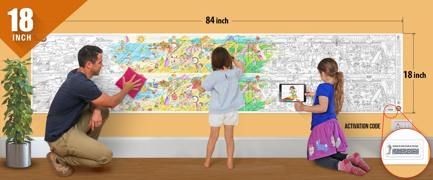 The image depicts a father and his two daughters enjoying a bonding moment while colouring and playing with spot the difference roll attached to the wall.