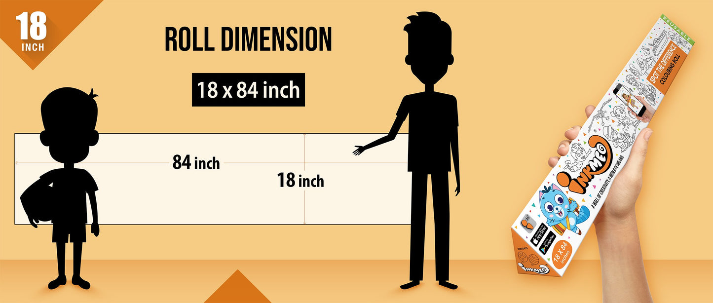 The image shows an orange background with a ruler indicating child and adult height on an 18*84 inch paper roll dimension.