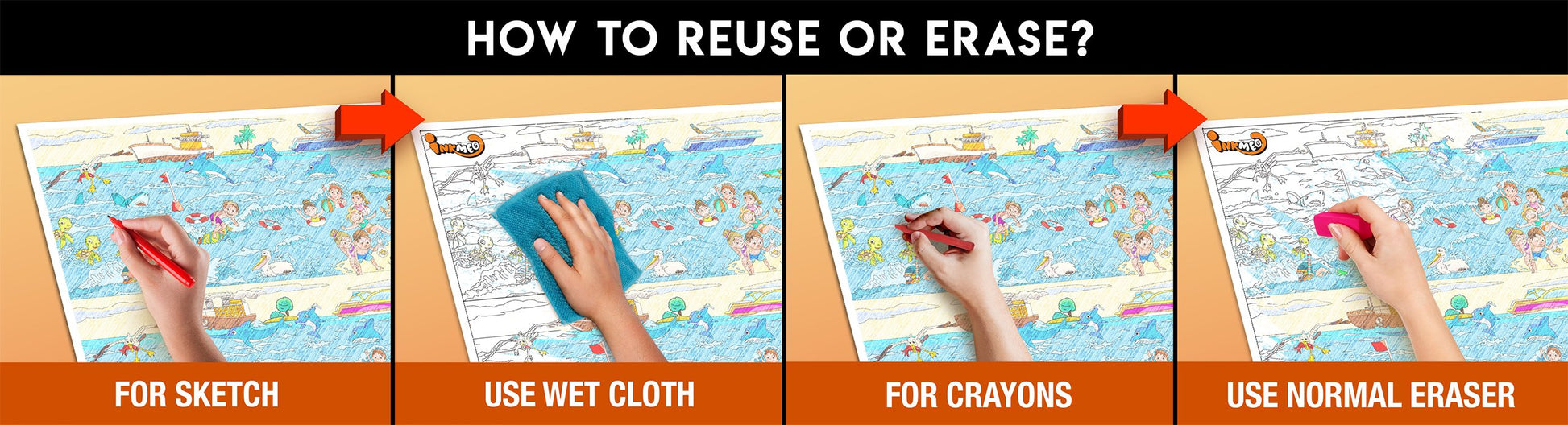 The image has a orange background with four pictures demonstrating how to reuse or erase: the first picture depicts sketching on the sheet, the second shows using a wet cloth to remove sketches, the third image displays crayons coloring on the sheet, and the fourth image illustrates erasing crayons with a regular eraser.