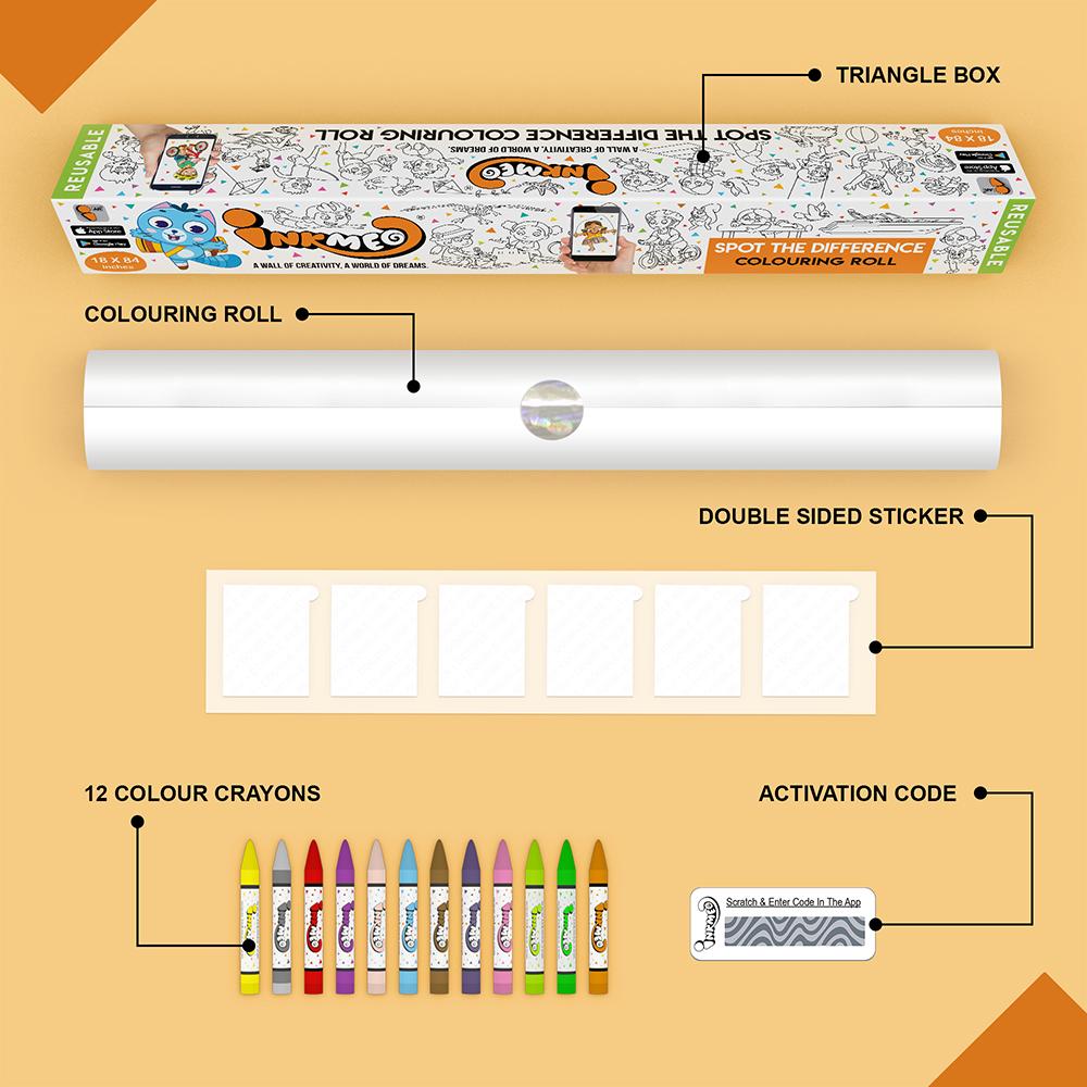 The image illustrates a orange background with Triangle box, colouring roll, 6 double tape, 12 colour crayons and activation code