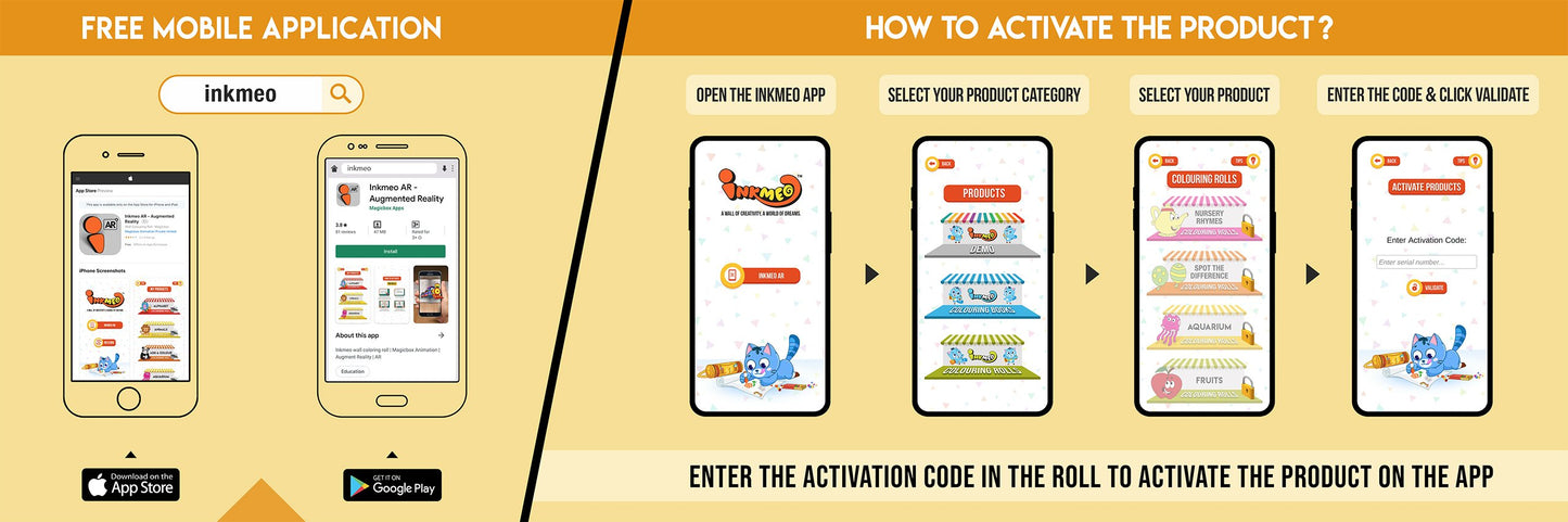 The image has a yellow background which is divided into two parts. The first part shows a free mobile application for downloading the Inkmeo app in the App Store and Google Store. The second part shows four mobile phones with the caption "To open the Inkmeo app, select your product category, select your product, and enter the code & click validate.