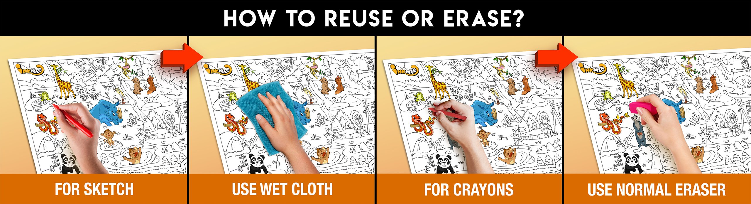 The image has a yellow background with four pictures demonstrating how to reuse or erase: the first picture depicts sketching on the sheet, the second shows using a wet cloth to remove sketches, the third image displays crayons coloring on the sheet, and the fourth image illustrates erasing crayons with a regular eraser.
