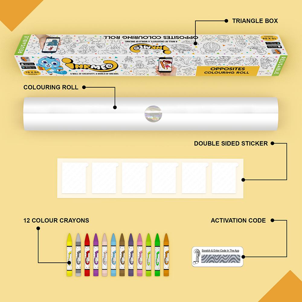 The image illustrates a yellow background with Triangle box, colouring roll, 6 double tape, 12 colour crayons and activation code