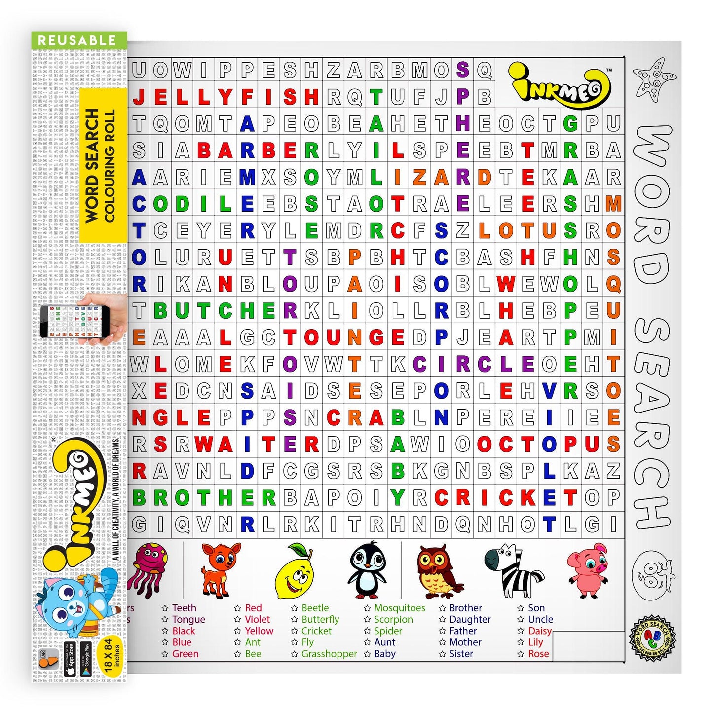 The image depicts a yellow box with an open roll, displaying words arranged in rows like puzzles alongside a colorful picture.