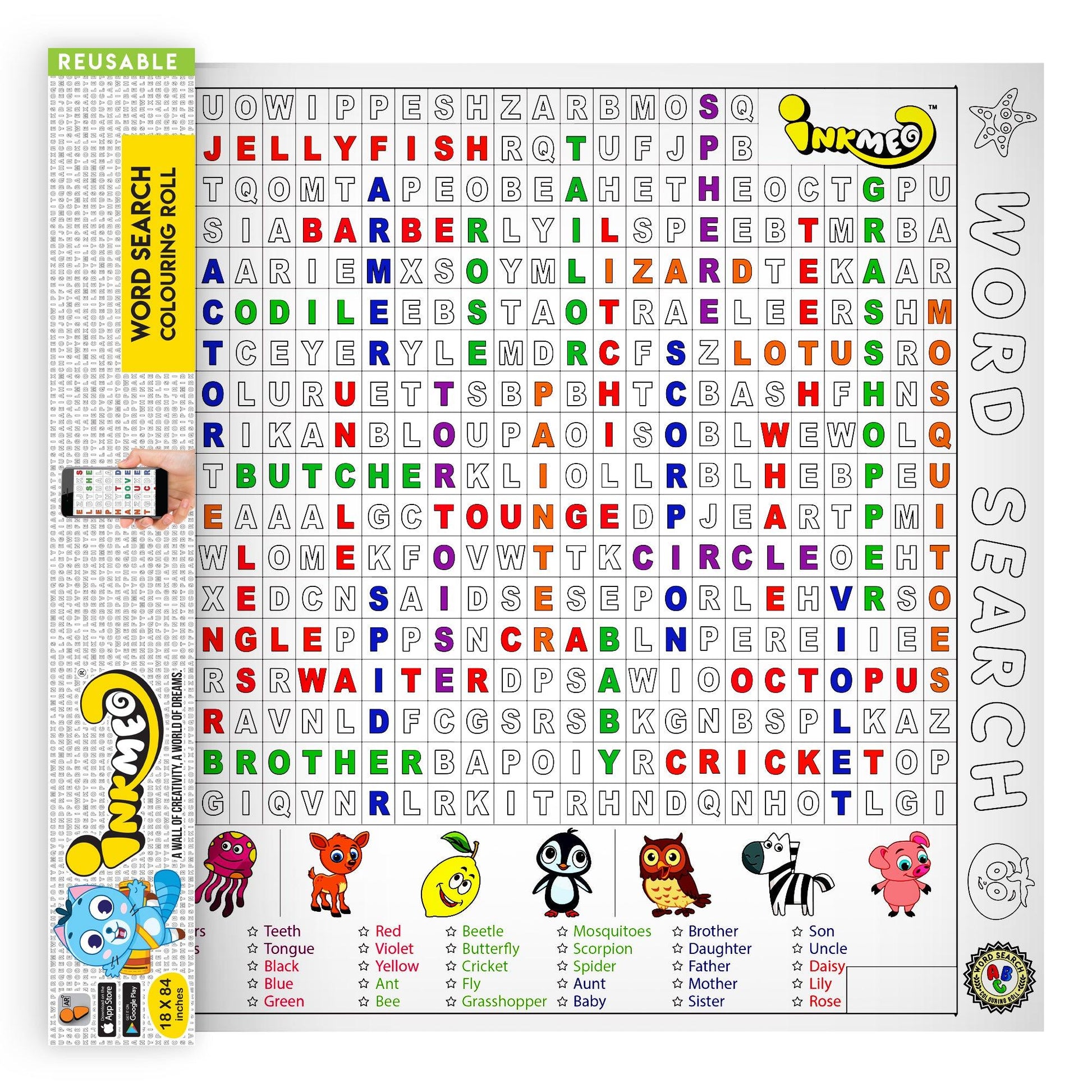 The image depicts a yellow box with an open roll, displaying words arranged in rows like puzzles alongside a colorful picture.