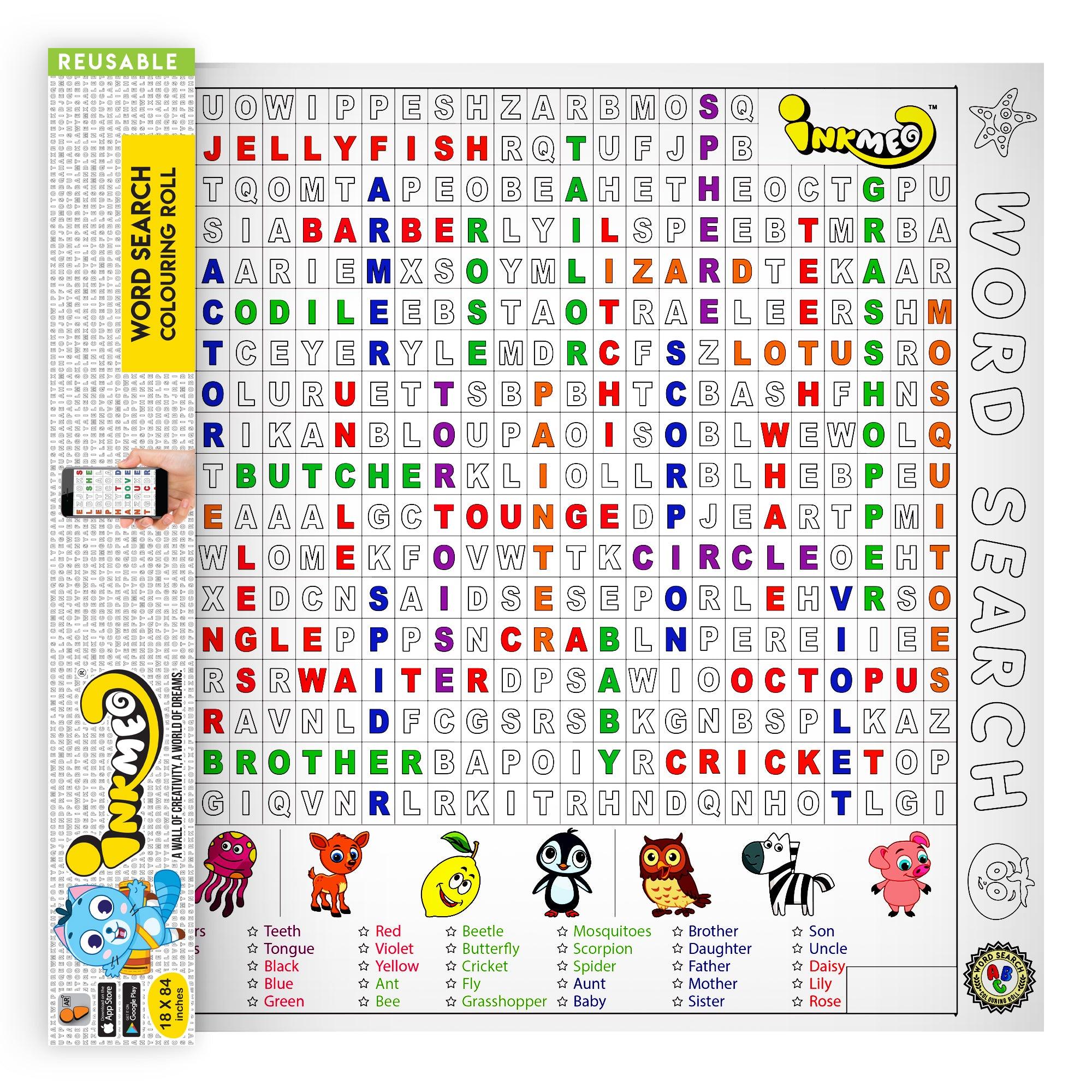 The image depicts a yellow box with an open roll, displaying words arranged in rows like puzzles alongside a colorful picture.