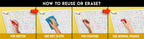 The image has a yellow background with four pictures demonstrating how to reuse or erase: the first picture depicts sketching on the puzzle sheet, the second shows using a wet cloth to remove sketches, the third image displays crayons coloring on the puzzle sheet, and the fourth image illustrates erasing crayons with a regular eraser.