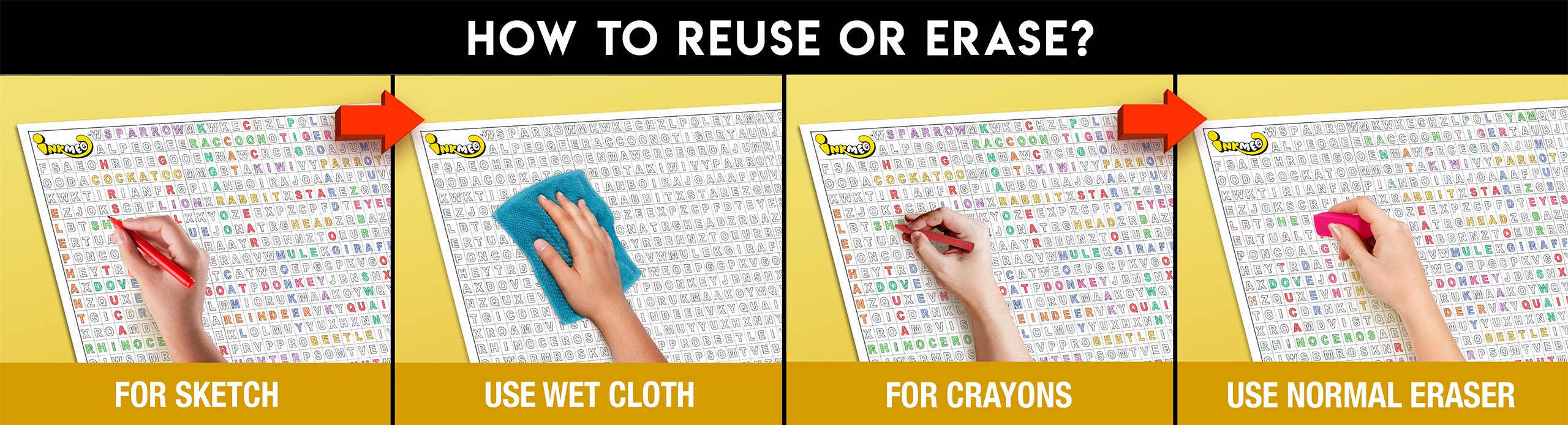 The image has a yellow background with four pictures demonstrating how to reuse or erase: the first picture depicts sketching on the puzzle sheet, the second shows using a wet cloth to remove sketches, the third image displays crayons coloring on the puzzle sheet, and the fourth image illustrates erasing crayons with a regular eraser.