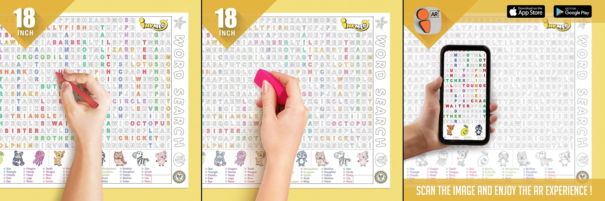The image displays three pictures: the first one shows a colored word puzzle, the second one depicts the color being erased from the board, and the third one features a hand holding a mobile phone in front of the word puzzle.