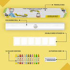 The image illustrates a yellow background with Triangle box, colouring roll, 6 double tape, 12 colour crayons and activation code