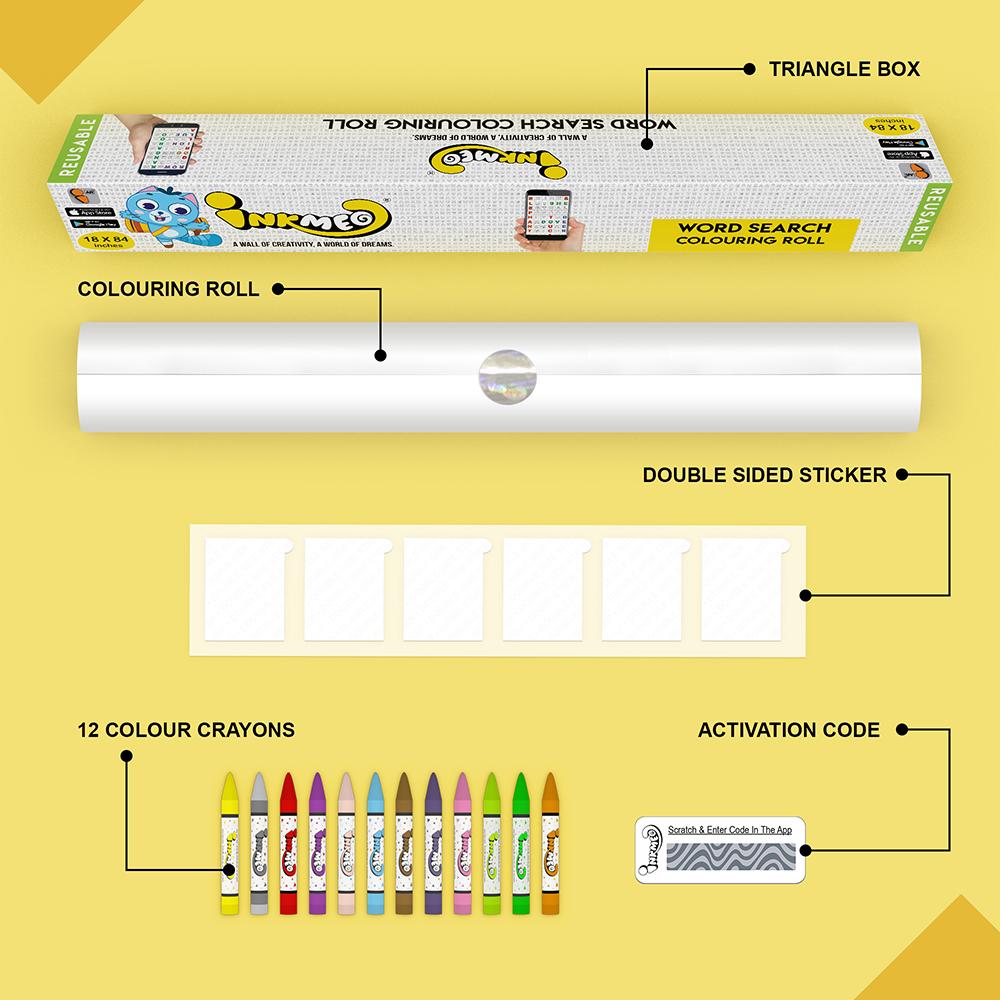 The image illustrates a yellow background with Triangle box, colouring roll, 6 double tape, 12 colour crayons and activation code