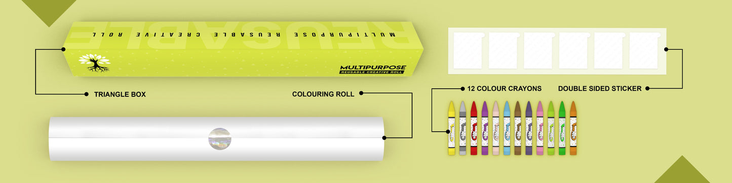 The image depicts a green background with a single triangular box, a coloring roll, 6 double-sided stickers and 12 crayons