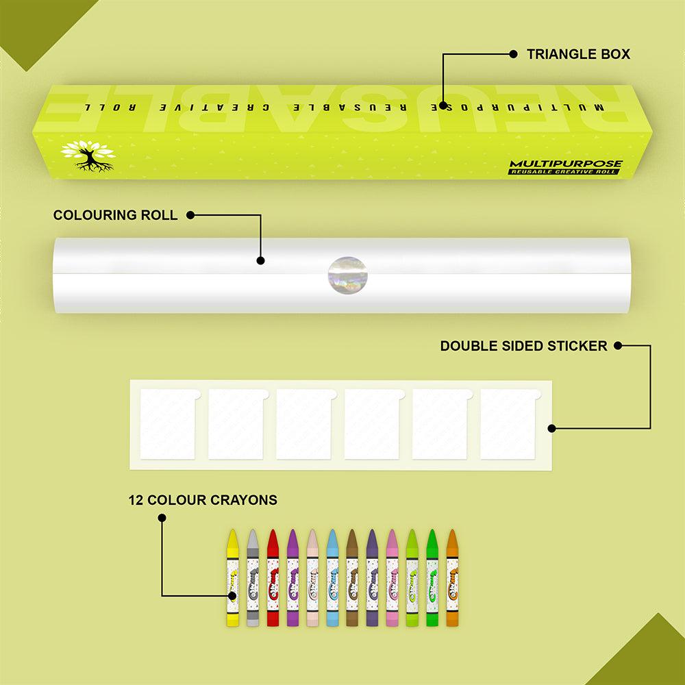 The image depicts a green background with a single triangular box, a coloring roll, 6 double-sided stickers, 12 colored crayons.