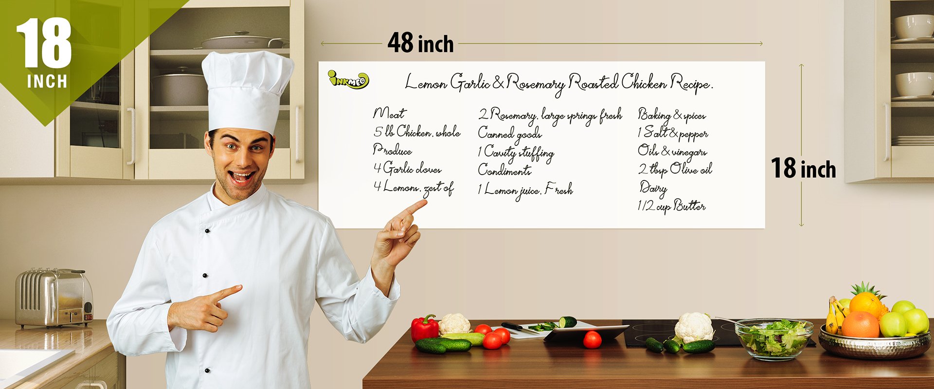 The image depicts a chef pointing to the recipes on the white sheet with size mentioned as 18*48 inches