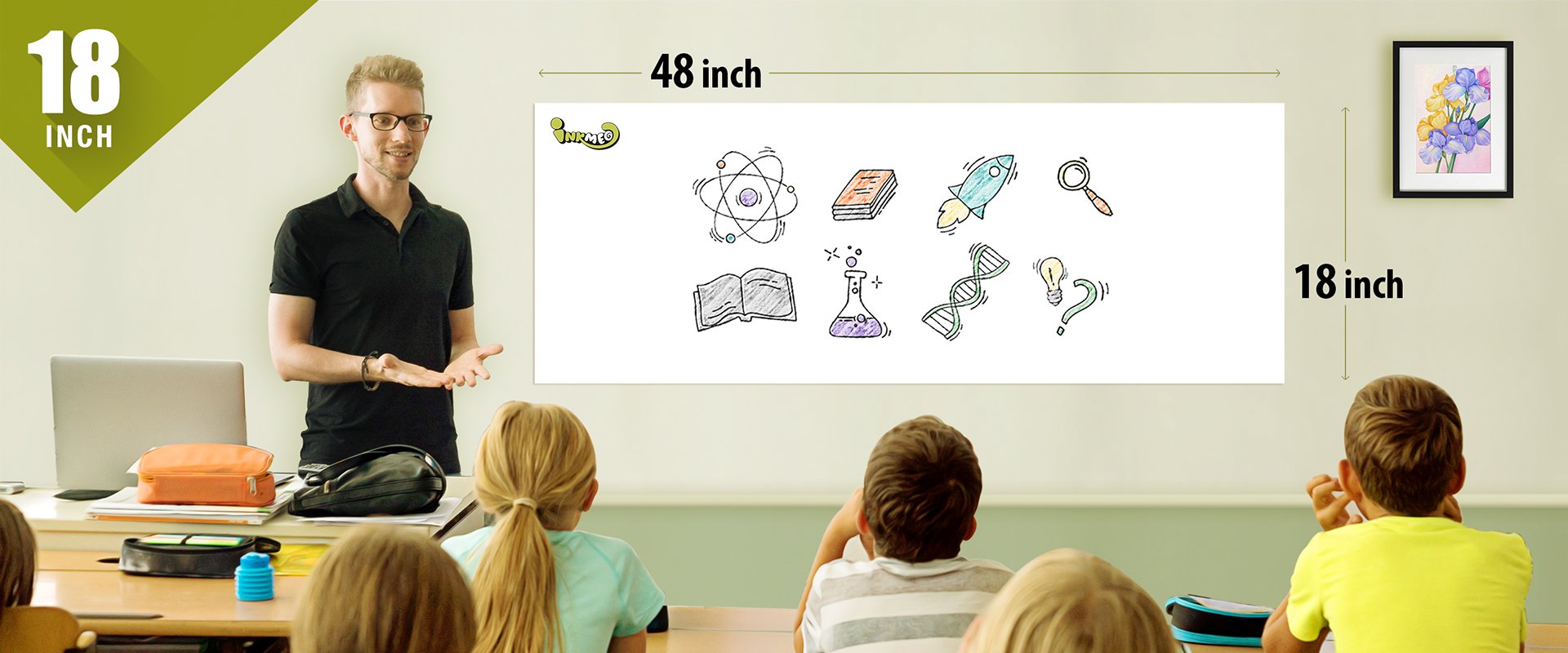 The image depicts a classroom with a teacher and students. The teacher is instructing the students using a white sheet with science pictures.