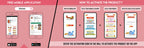 The image has a pink background which is divided into two parts. The first part shows a free mobile application for downloading the Inkmeo app in the App Store and Google Store. The second part shows four mobile phones with the caption "To open the Inkmeo app, select your product category, select your product, and enter the code & click validate.