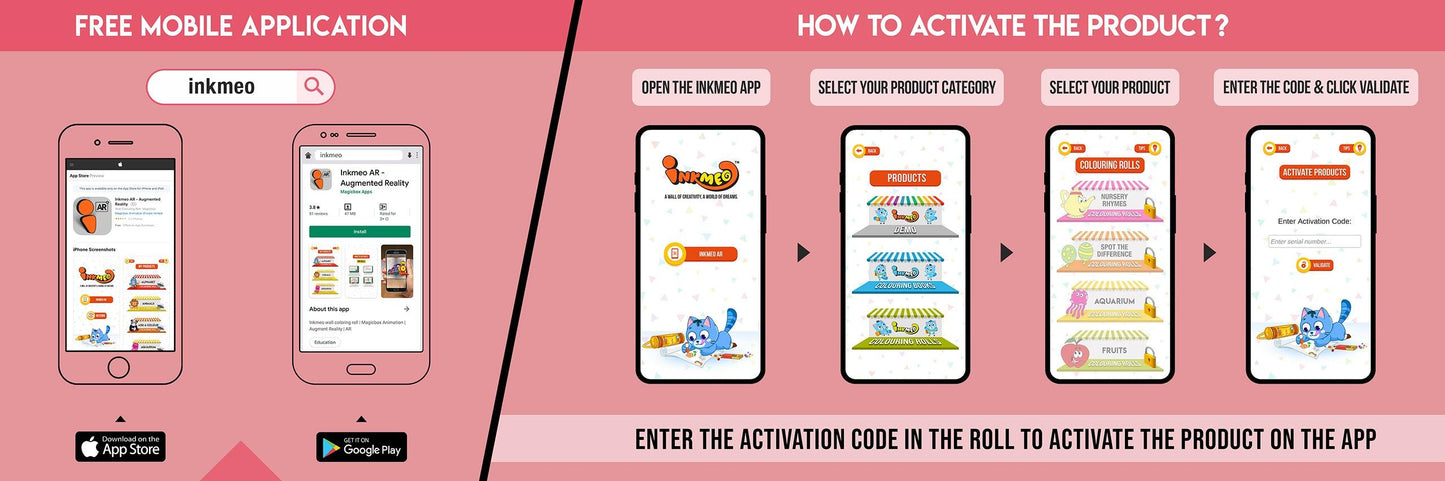 The image has a pink background which is divided into two parts. The first part shows a free mobile application for downloading the Inkmeo app in the App Store and Google Store. The second part shows four mobile phones with the caption "To open the Inkmeo app, select your product category, select your product, and enter the code & click validate