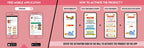 The image has a pink background which is divided into two parts. The first part shows a free mobile application for downloading the Inkmeo app in the App Store and Google Store. The second part shows four mobile phones with the caption "To open the Inkmeo app, select your product category, select your product, and enter the code & click validate