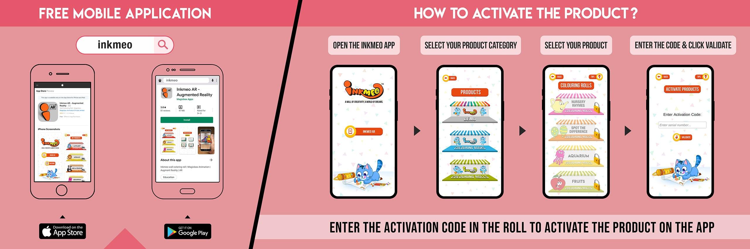 The image has a pink background which is divided into two parts. The first part shows a free mobile application for downloading the Inkmeo app in the App Store and Google Store. The second part shows four mobile phones with the caption "To open the Inkmeo app, select your product category, select your product, and enter the code & click validate