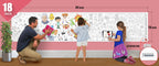 The image depicts a father and his two daughters enjoying a bonding moment while colouring chellame chellam roll attached to the wall.