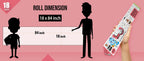 The image shows a pink background with a ruler indicating child and adult height on an 18*84 inch paper roll dimension.
