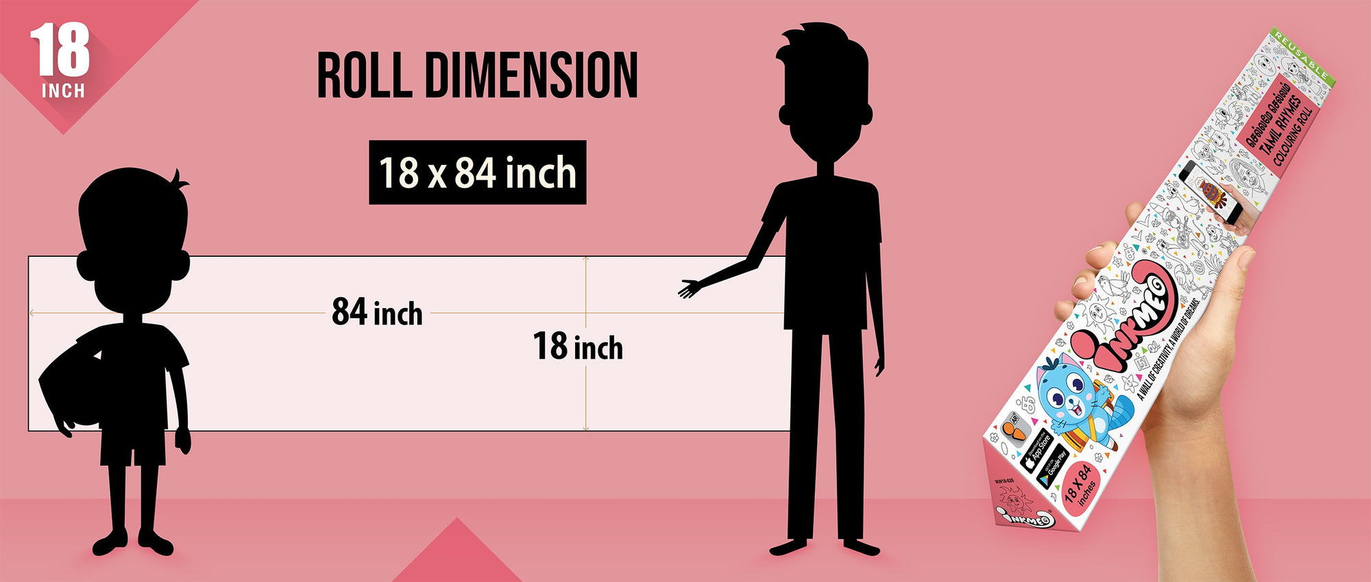 The image shows a pink background with a ruler indicating child and adult height on an 18*84 inch paper roll dimension.