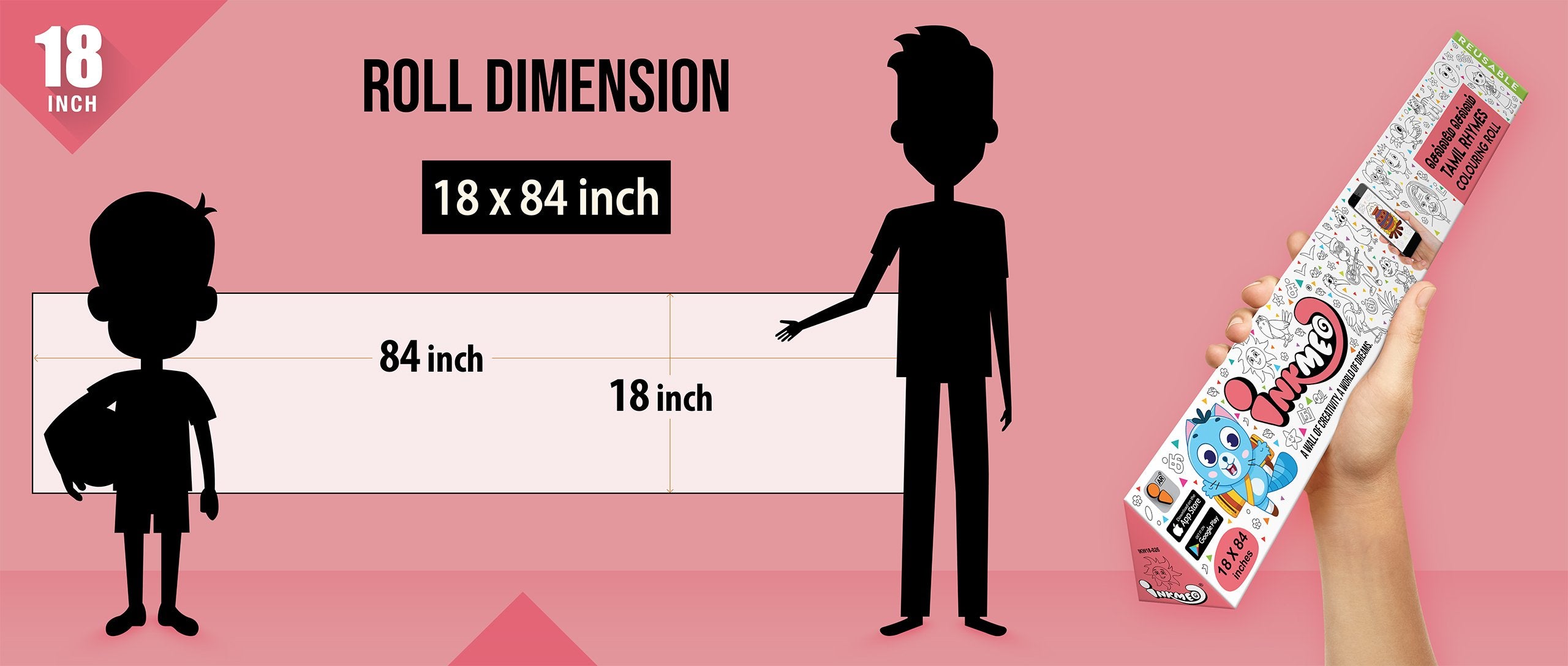 The image shows a pink background with a ruler indicating child and adult height on an 18*84 inch paper roll dimension.