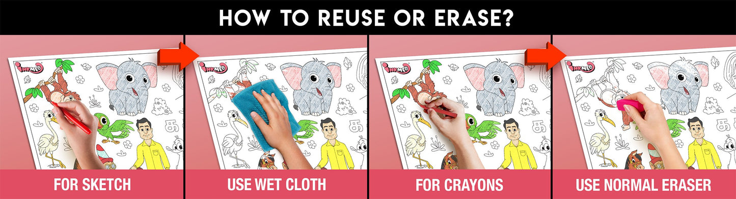 The image has a pink background with four pictures demonstrating how to reuse or erase: the first picture depicts sketching on the sheet, the second shows using a wet cloth to remove sketches, the third image displays crayons coloring on the sheet, and the fourth image illustrates erasing crayons with a regular eraser.
