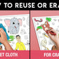 The image has a pink background with four pictures demonstrating how to reuse or erase: the first picture depicts sketching on the vegetable sheet, the second shows using a wet cloth to remove sketches, the third image displays crayons colouring on the vegetable sheet, and the fourth image illustrates erasing crayons with a regular eraser.