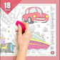 The image depicts three pictures: the first picture shows coloring with crayons, the second image portrays erasing with a normal eraser, and the third image shows scanning the image to enjoy the AR experience.
