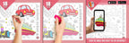 The image depicts three pictures: the first picture shows coloring with crayons, the second image portrays erasing with a normal eraser, and the third image shows scanning the image to enjoy the AR experience.