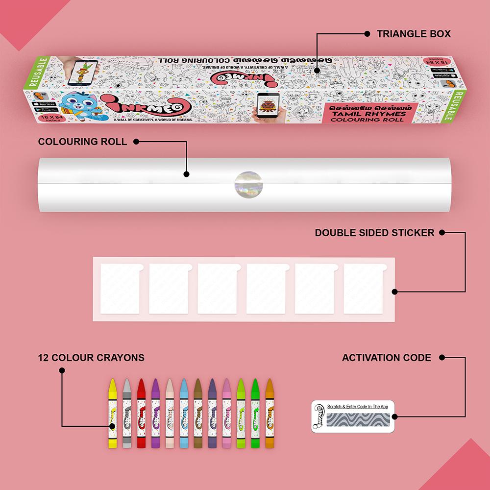 The image illustrates a pink background with Triangle box, colouring roll, 6 double tape, 12 colour crayons and activation code.