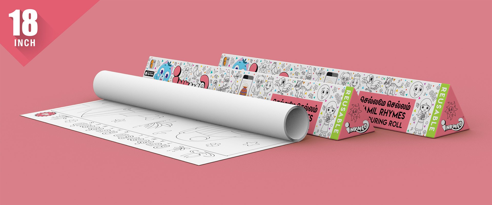 The image shows a pink background with two triangular boxes, one of which has paper rolled out.