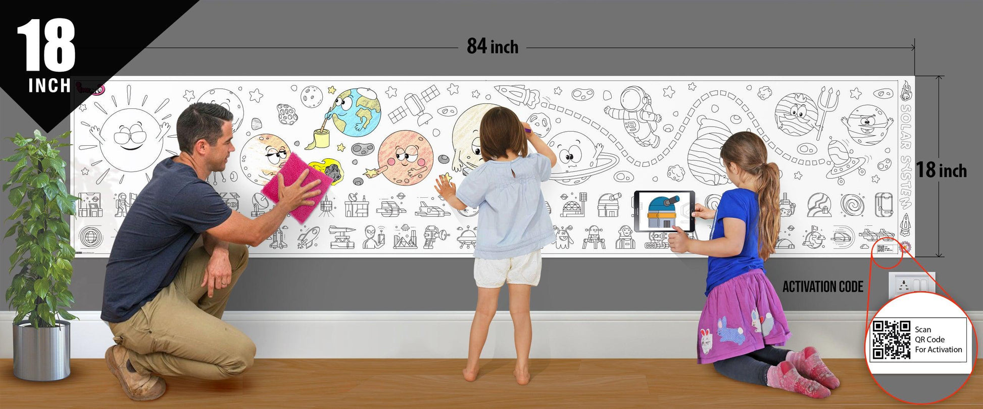 The image depicts a father and his two daughters enjoying a bonding moment while coloring solar system sheet attached to the wall.