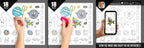 The image depicts three pictures: the first picture shows coloring with crayons, the second image portrays erasing with a normal eraser, and the third image shows scanning the image to enjoy the AR experience.