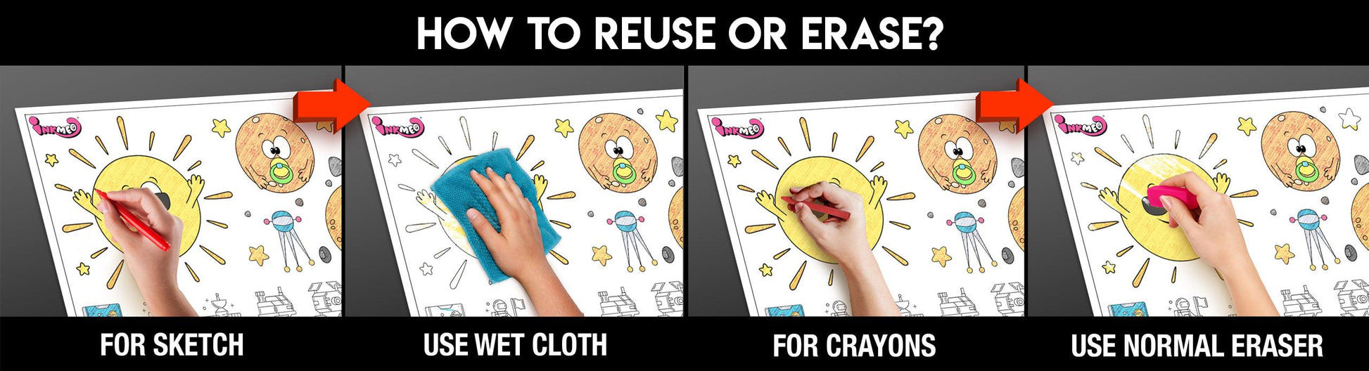 The image has a black background with four pictures demonstrating how to reuse or erase: the first picture depicts sketching on the vegetable sheet, the second shows using a wet cloth to remove sketches, the third image displays crayons colouring on the vegetable sheet, and the fourth image illustrates erasing crayons with a regular eraser.